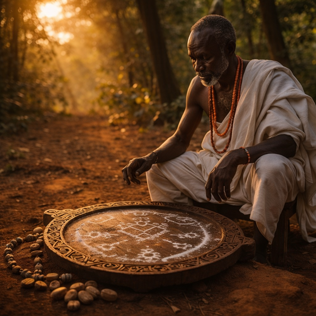 Traditional Yoruba carved Orisha figure with ritual elements