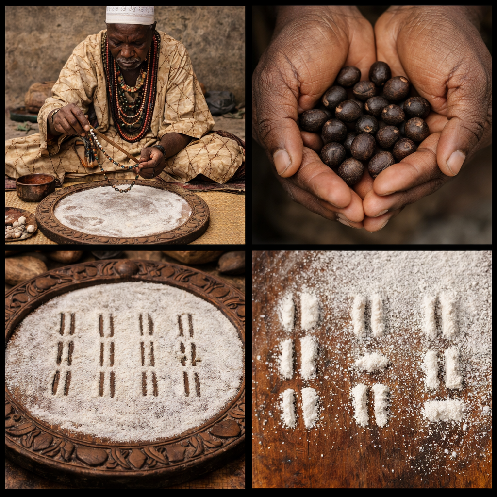 Four-panel collage depicting Ifa divination: top left, a Babalawo casting an opele chain over a carved opon Ifa tray; top right, hands holding consecrated ikin palm nuts; bottom left, a divination tray dusted with iyerosun powder and marked with vertical Odu lines; bottom right, close-up of single and double divination marks inscribed in white powder on wood.